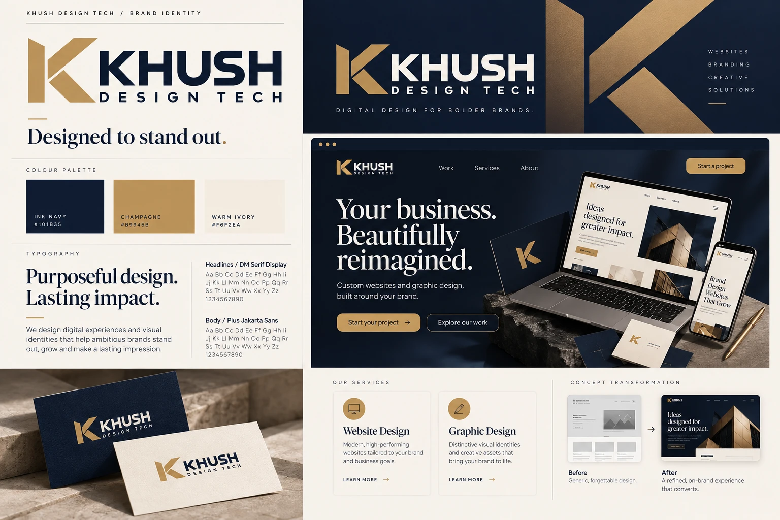 Khush Design Tech identity board with navy, gold and ivory branding